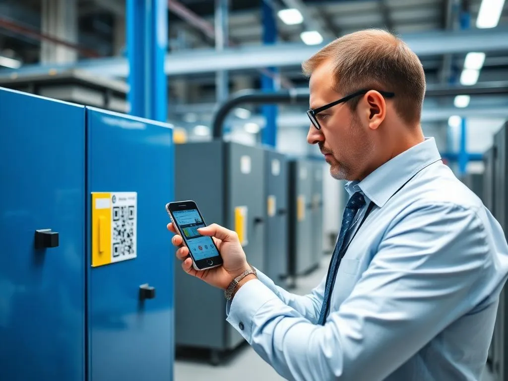 Professional scanning QR code on equipment