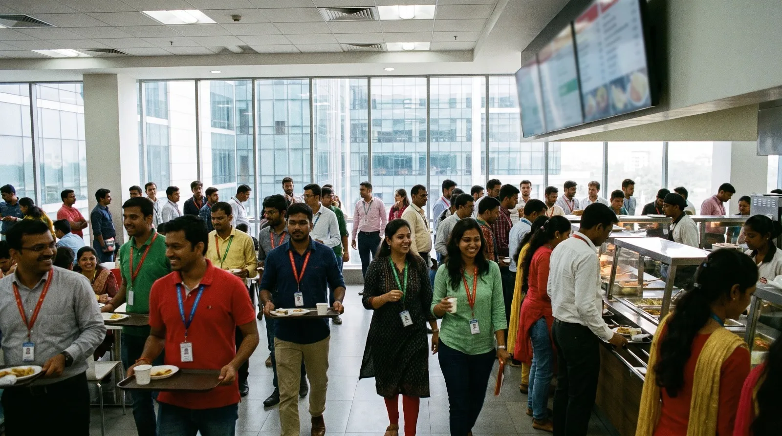 Busy corporate office cafeteria with employees using FoodiiSoft canteen management at an IT park