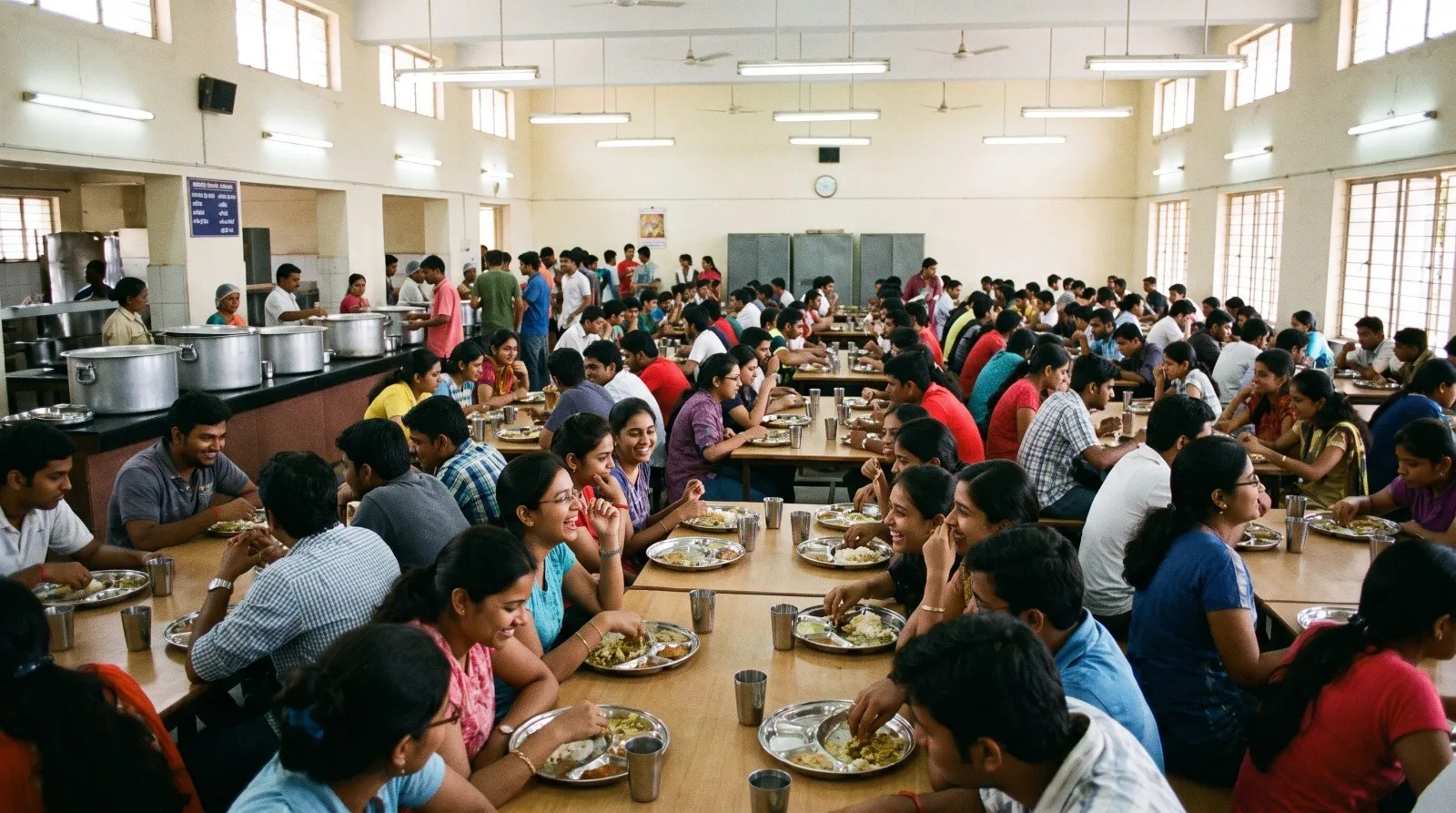 Large educational campus mess hall with students dining using campus cafeteria management system