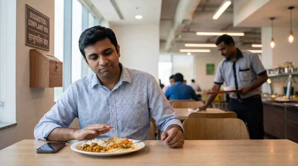 Dissatisfied employee at corporate cafeteria table with complaint box due to inconsistent meal quality