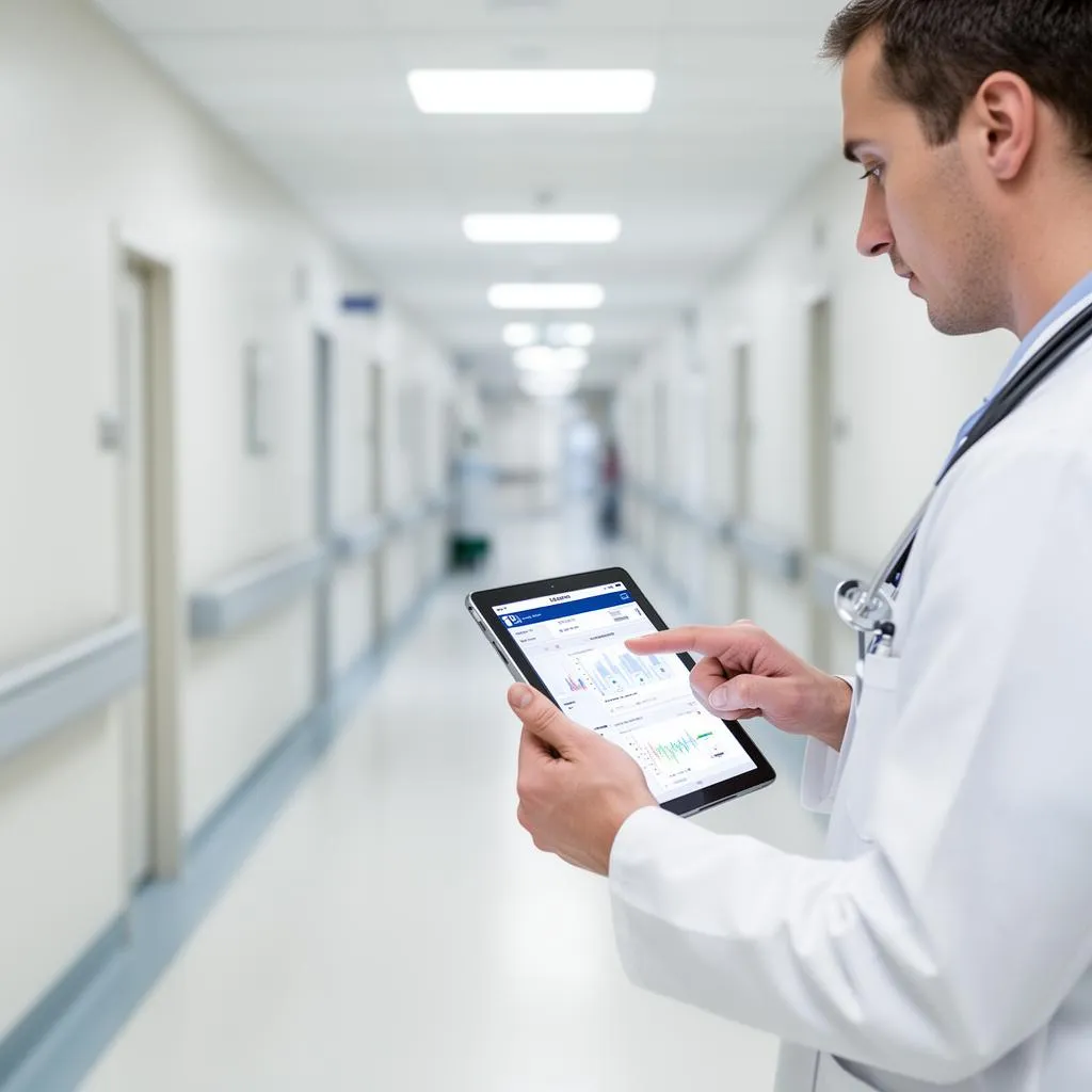 Doctor using HMS on a tablet in a hospital corridor