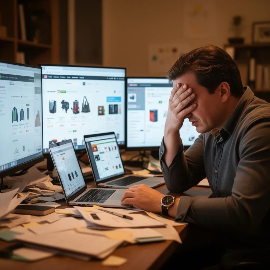 Frustrated business owner struggling with fragmented and disconnected eCommerce management platforms
