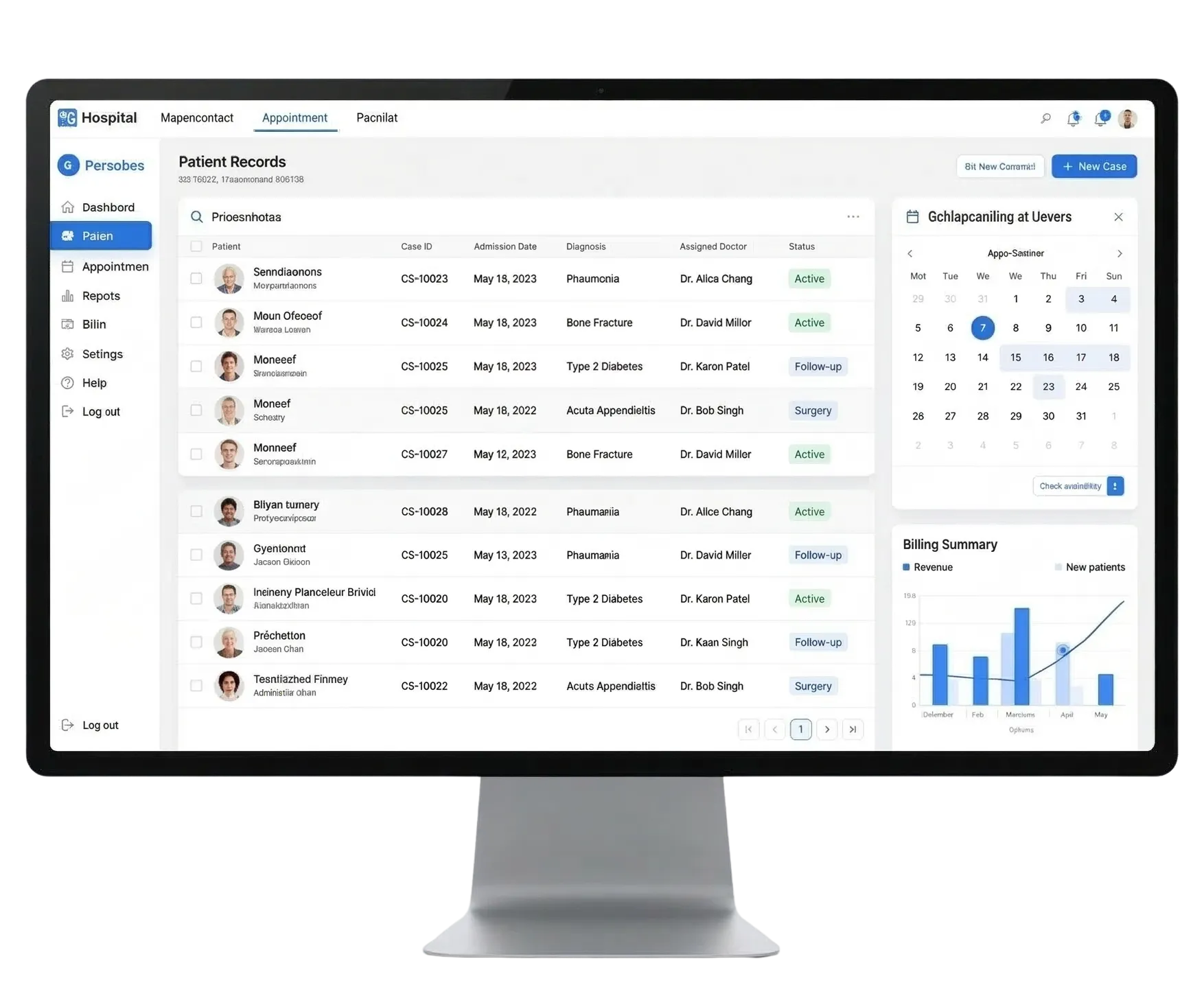 Hospital Management System dashboard featuring patient registration, appointment scheduling, and administrative overview