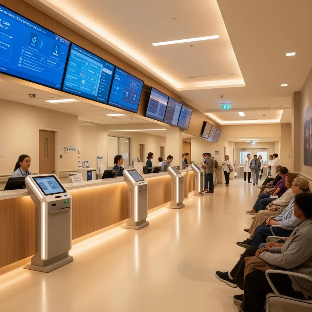 Modern hospital reception area with digital check-in systems