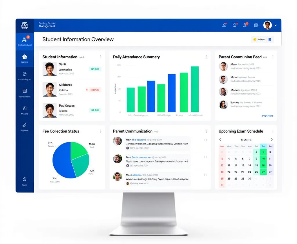 SchoolSync dashboard showing student information, attendance summary, fee collection, parent communication feed, and exam schedule