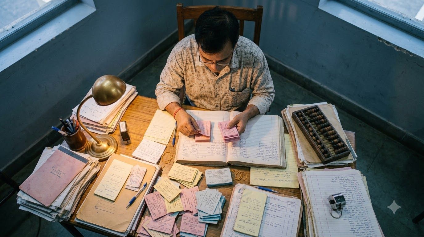 Administrator managing canteen operations manually using paper registers, handwritten bills, and physical records.