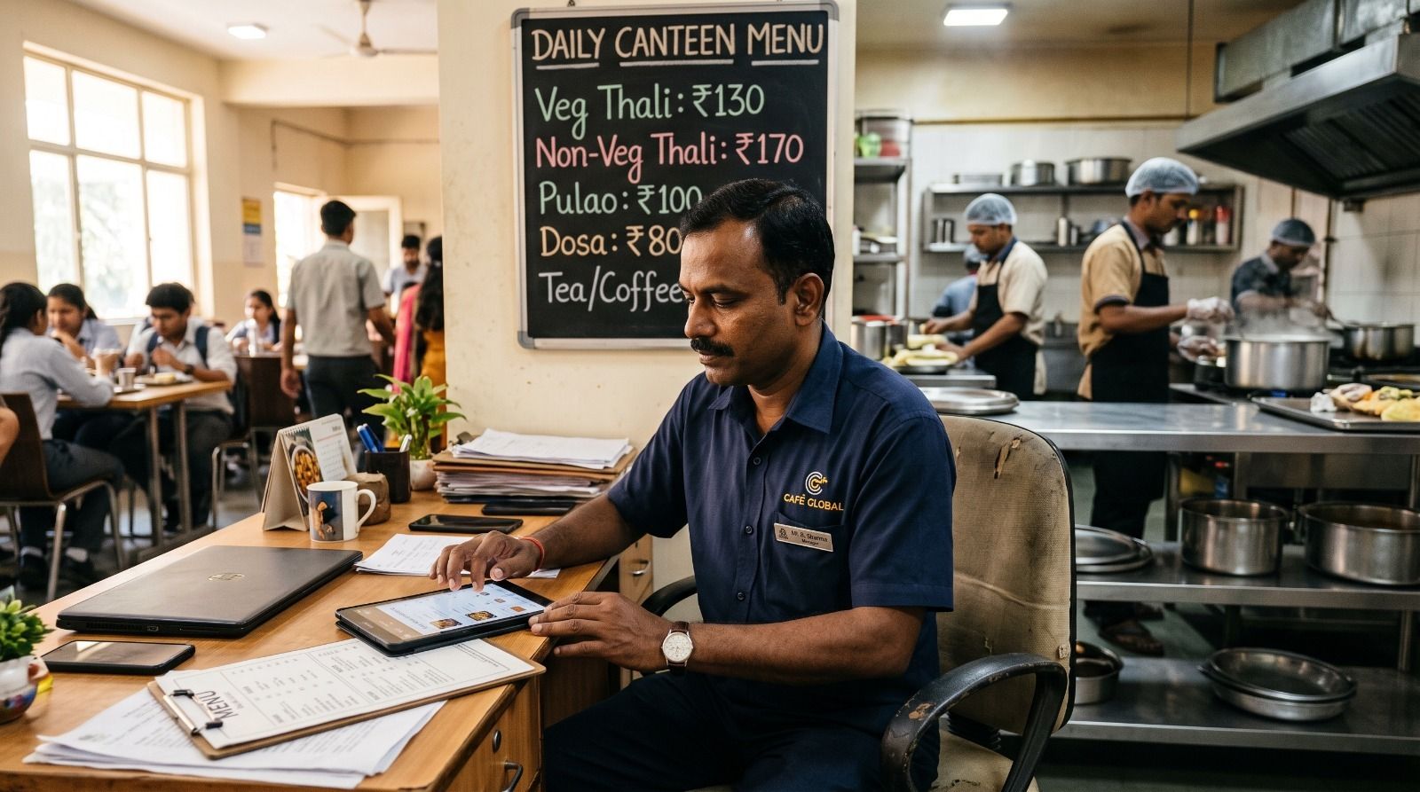 Canteen manager using cafeteria management software to manage menu planning, inventory, billing, food orders, and daily cafeteria operations..jpeg