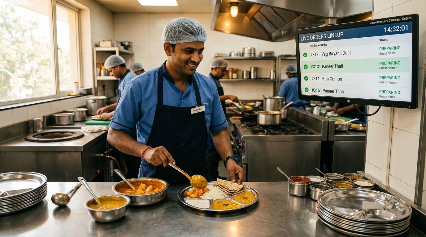 Chef preparing meals while monitoring live orders on a Kitchen Display System (KDS) using FoodiiSoft canteen management software.
