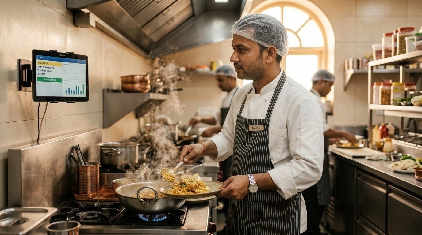 Chef using a digital kitchen display system to manage food orders in a commercial canteen.jpeg