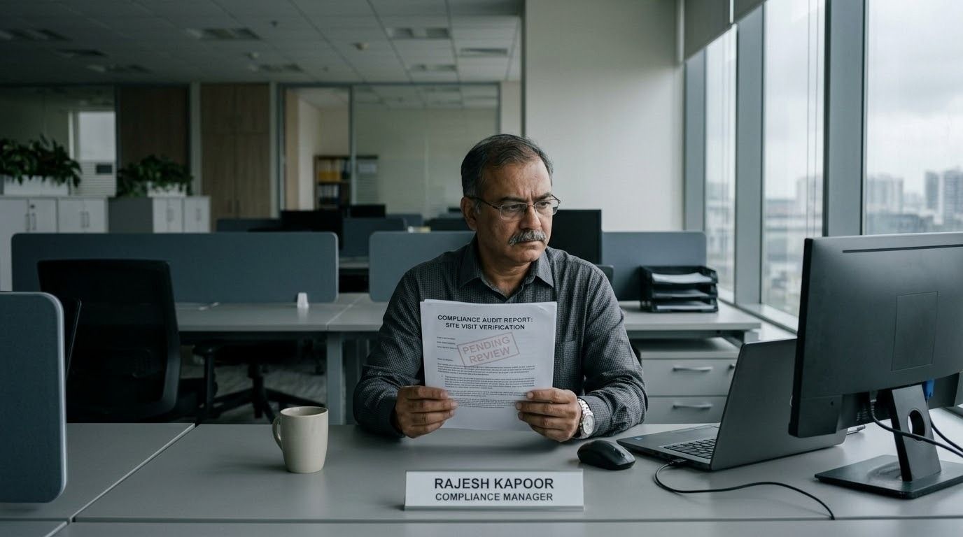 Compliance manager reviewing a pending audit report in a traditional paper-based audit process.jpeg