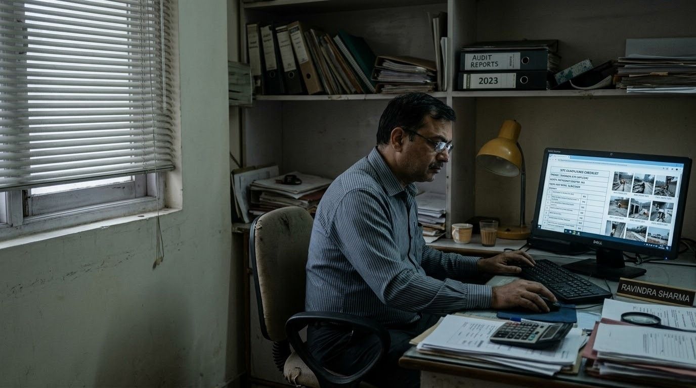 Compliance professional reviewing digital audit records and photo evidence on a computer.