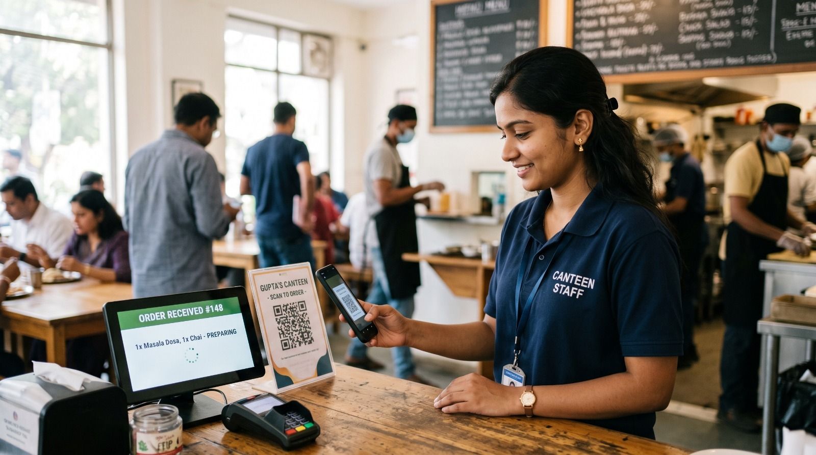 Customer scanning QR code for cashless payment and digital food ordering using cafeteria management software in a corporate canteen.