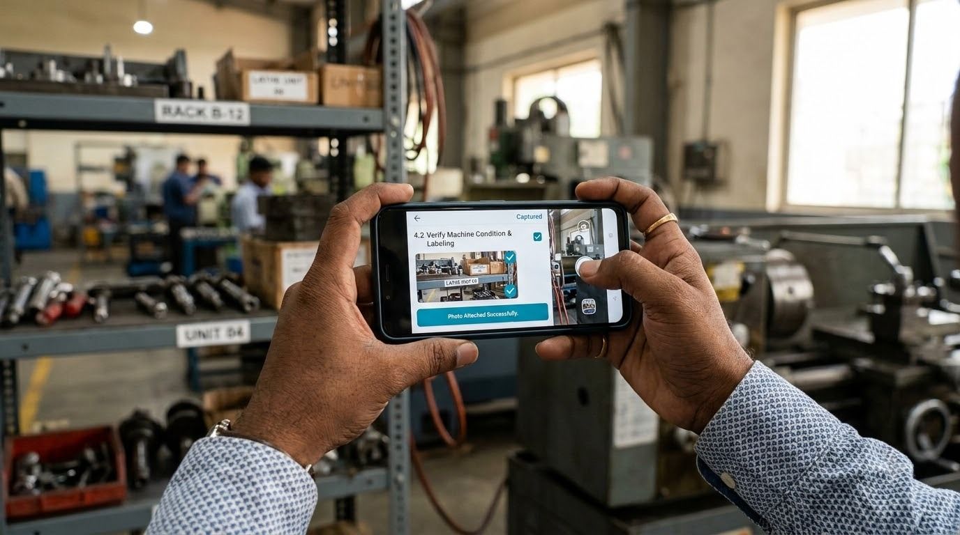 Digital audit software capturing equipment inspection with photo evidence using a mobile app in a manufacturing facility..jpeg