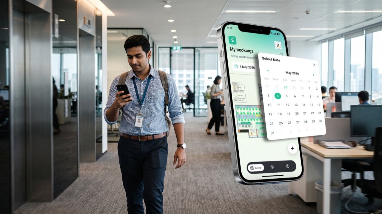 Employee booking a meeting room using a mobile Meeting Room Booking Software app in a modern hybrid workplace