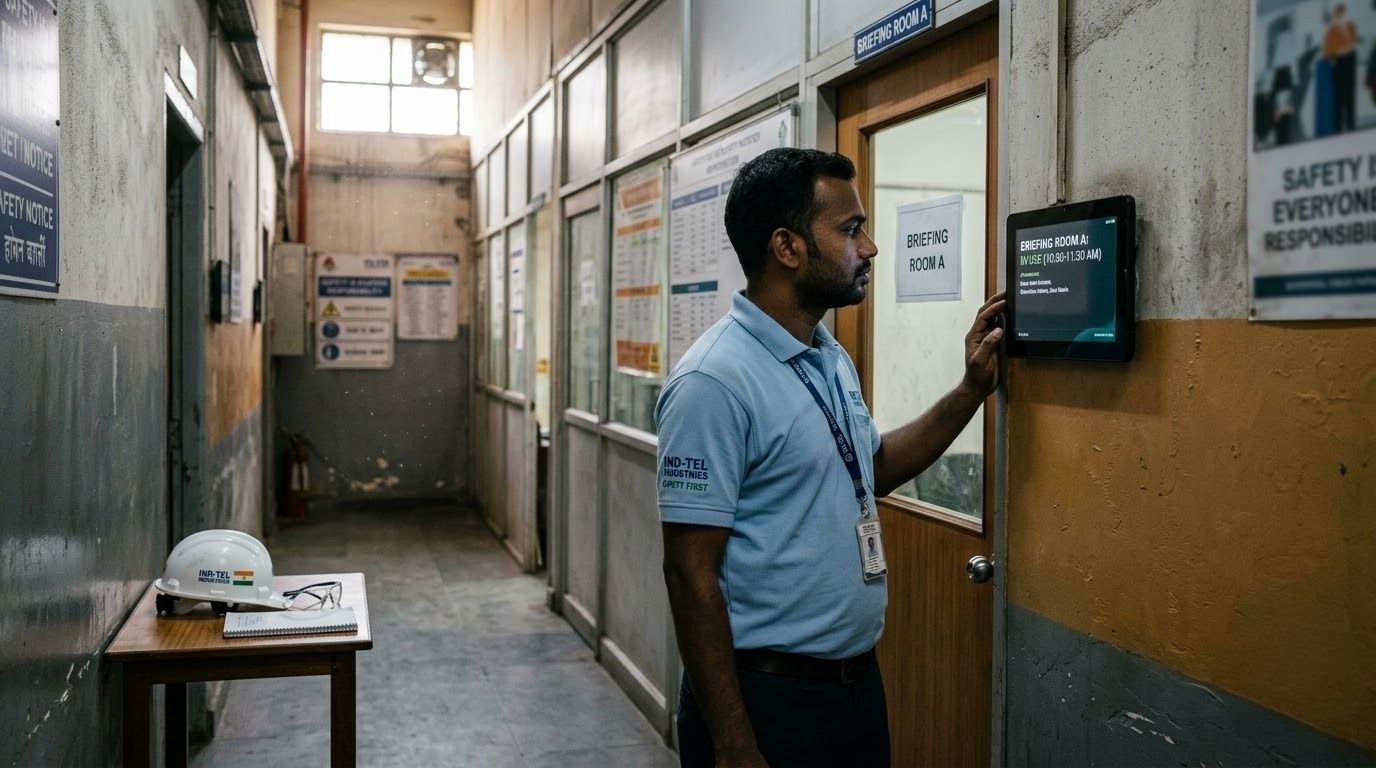 Employee checking digital meeting room display in an industrial office using SpaceBee meeting room booking software for real-time room availability..jpg