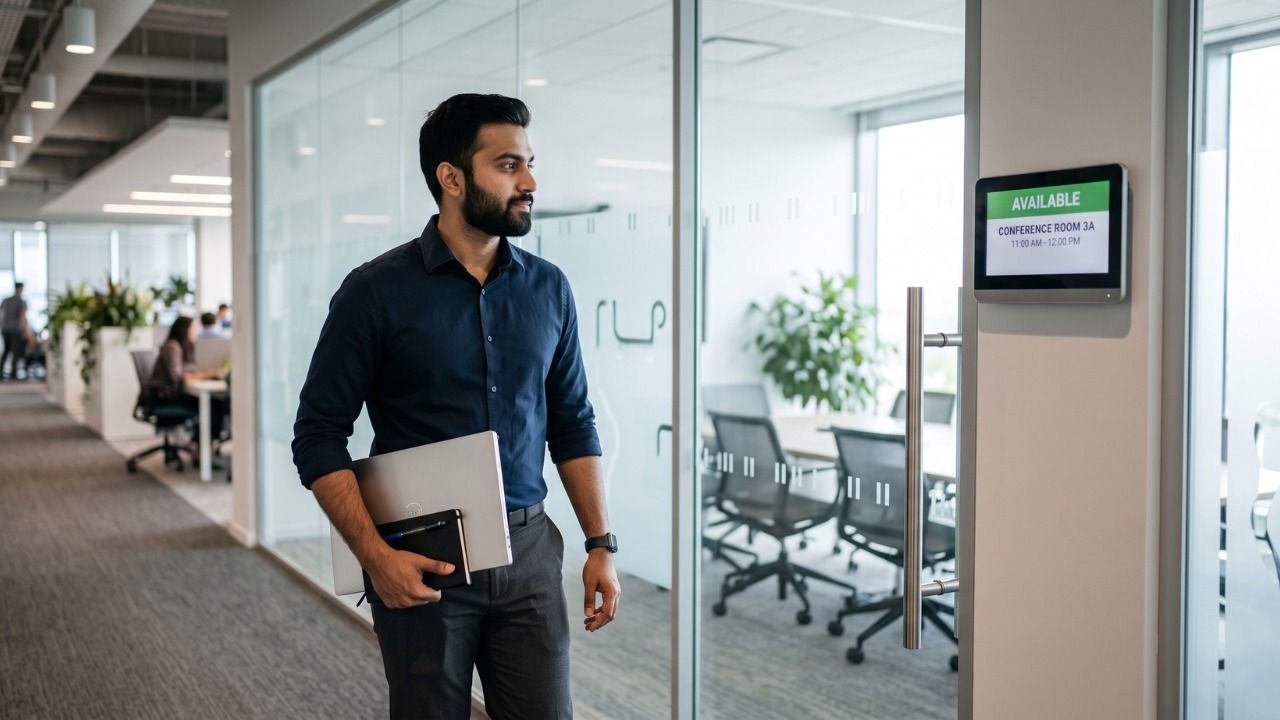 Employee checking real-time meeting room availability on a digital display using Meeting Room Booking Software before entering a conference room.