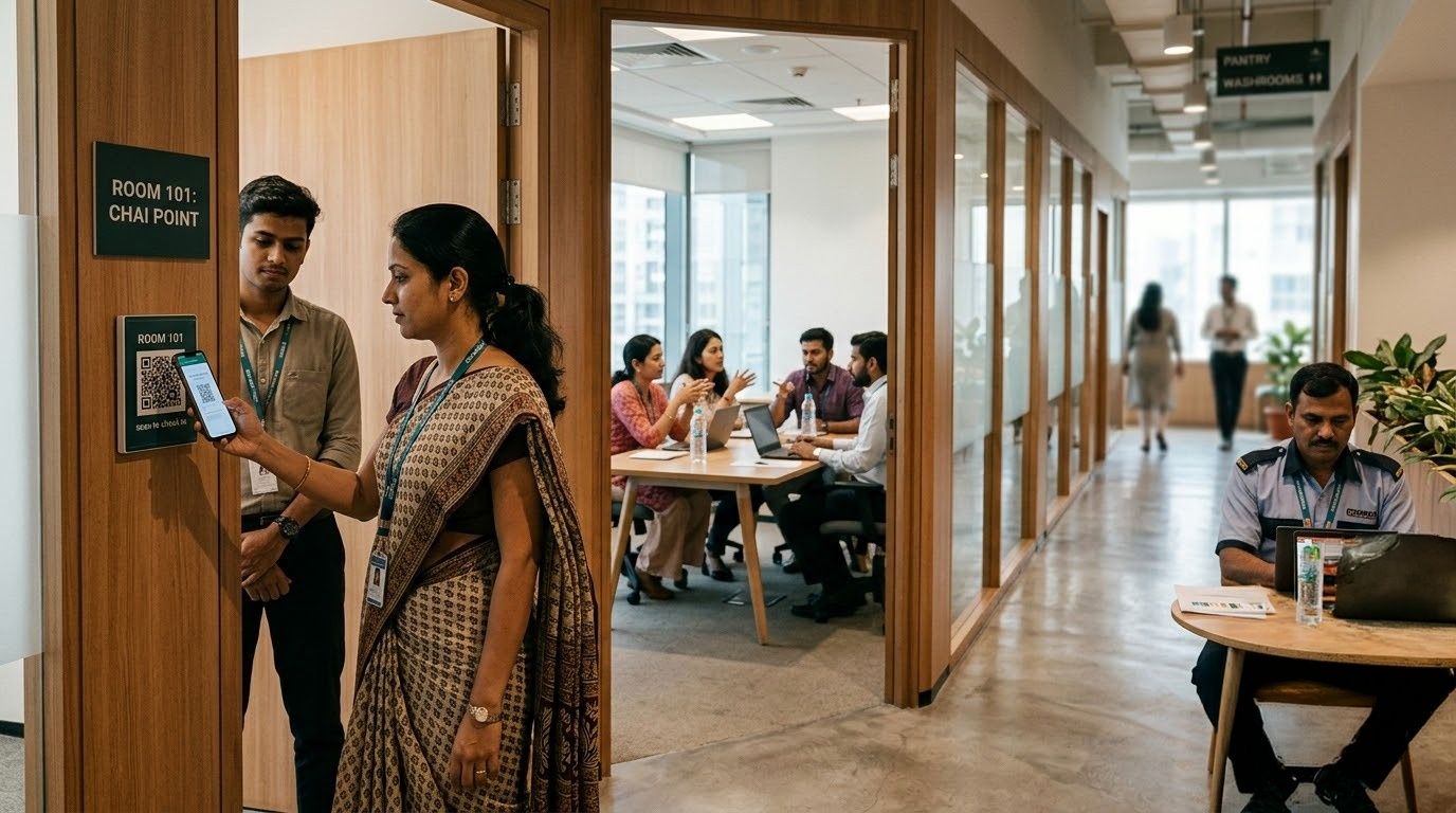 Employee scanning QR code outside a meeting room using SpaceBee for instant meeting room check-in and contactless room booking..jpg