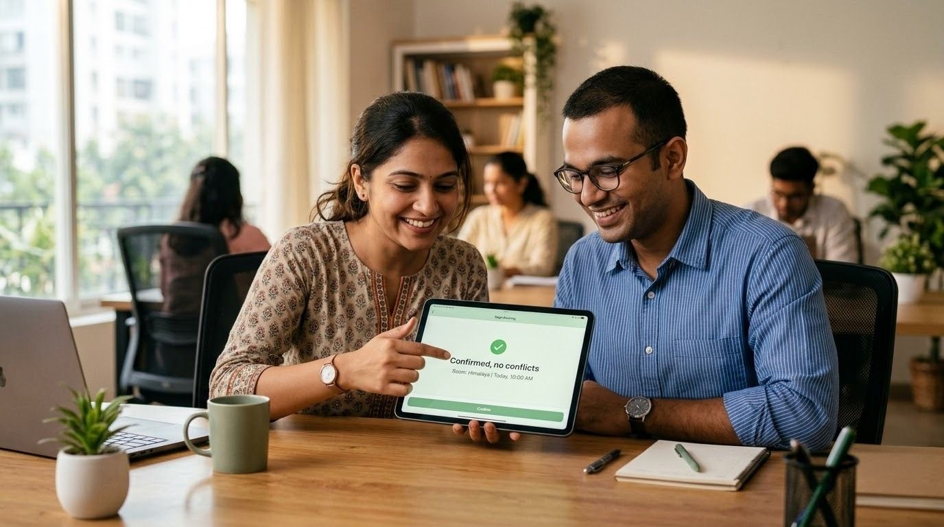 Employees reviewing a meeting room booking on a tablet in a modern office workspace..jpeg