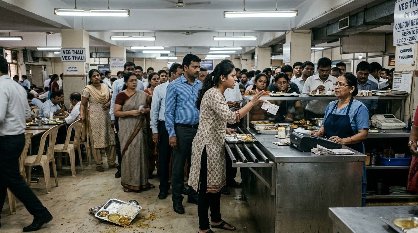 Employees standing in a busy corporate cafeteria while ordering food at the service counter.jpeg
