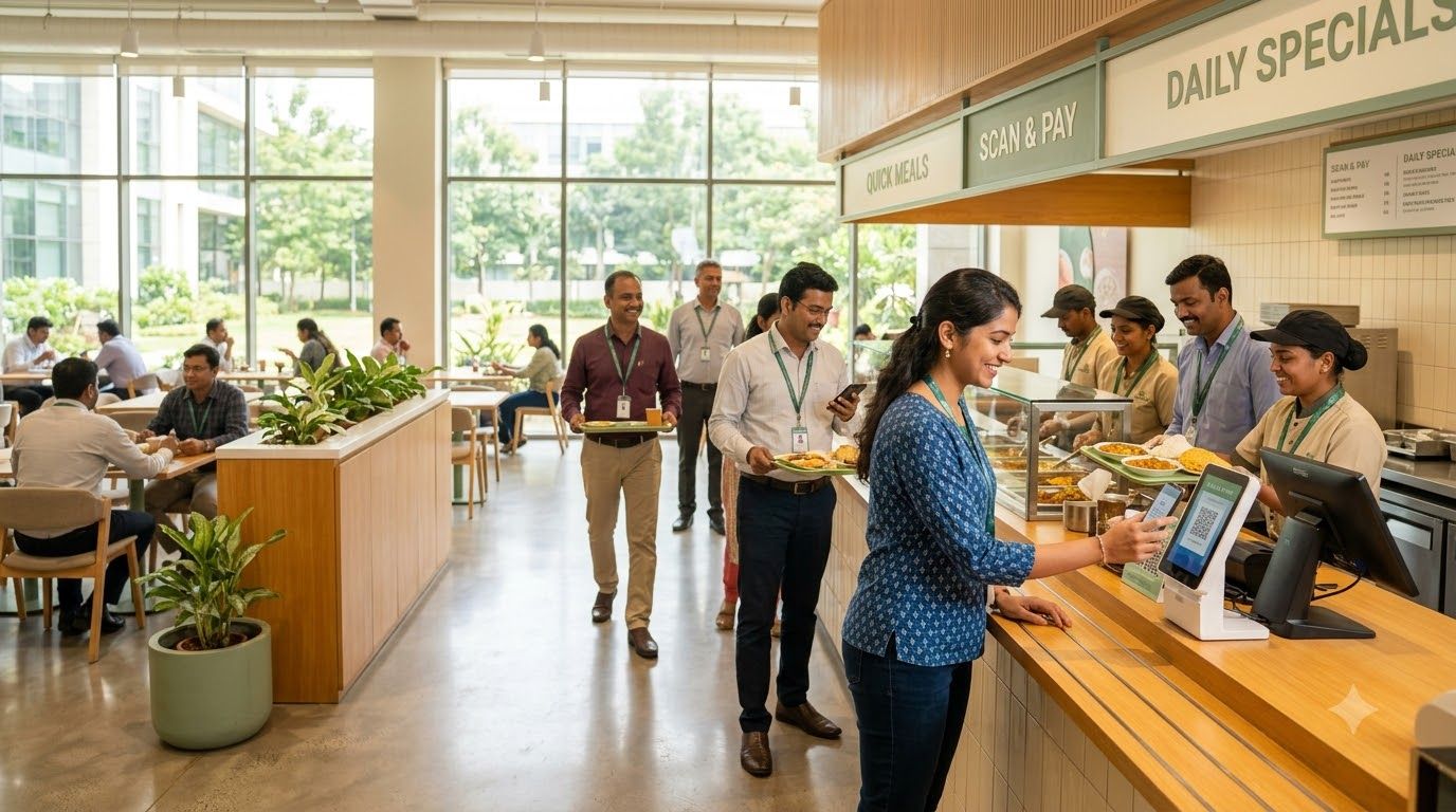 Employees using QR code and digital payment system in a modern corporate cafeteria with automated canteen management software..jpeg