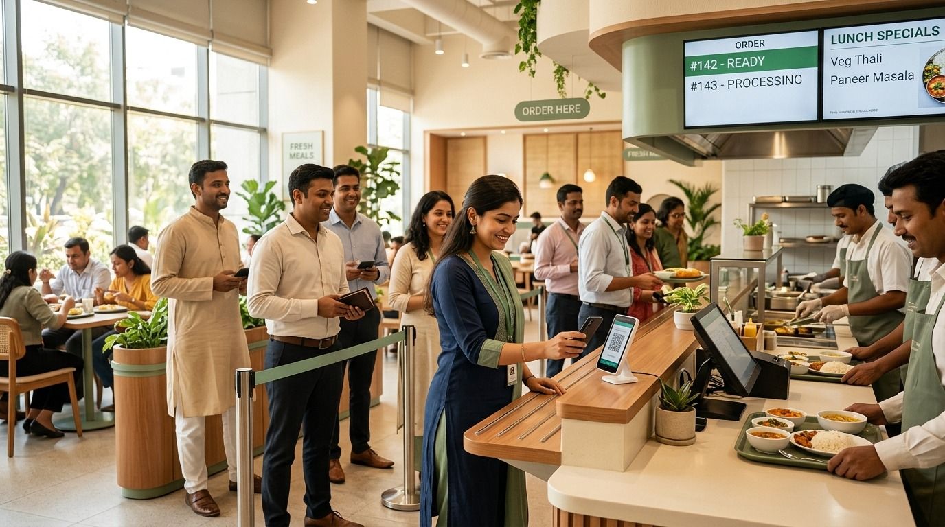 Employees using QR code ordering at a modern corporate cafeteria with FoodiiSoft canteen management software, digital payment, and organized food service..jpeg