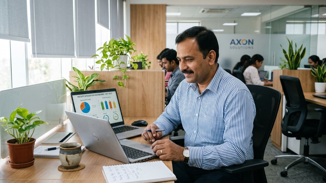Facility manager analyzing meeting room usage analytics and workspace utilization dashboard using Meeting Room Management Software in a hybrid office..jpeg