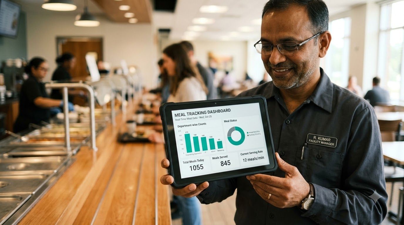 Facility manager monitoring real-time meal tracking and cafeteria analytics on a digital canteen management dashboard..jpeg