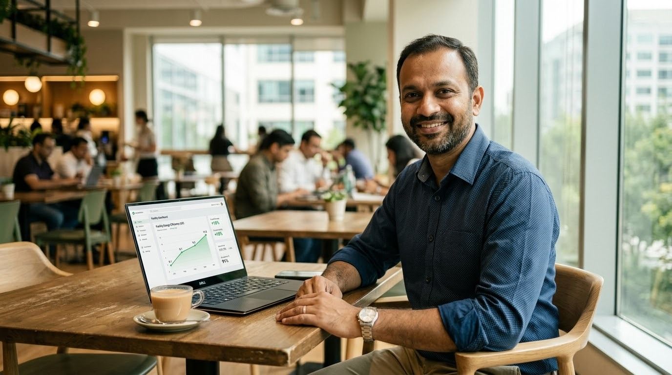Facility manager reviewing cafeteria management software analytics on a laptop in a corporate canteen.jpeg
