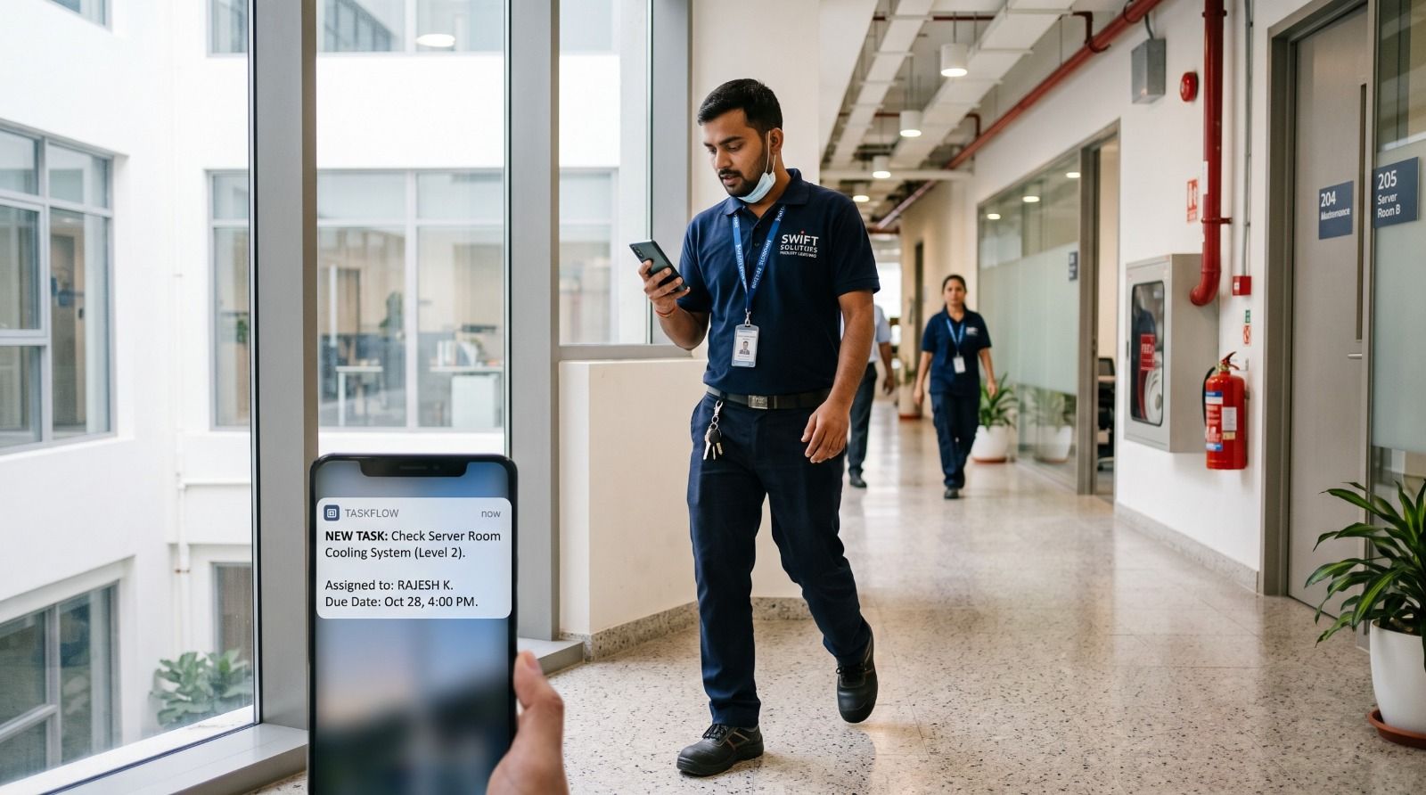Facility technician receiving a mobile task notification from CAPA tracking software.jpeg