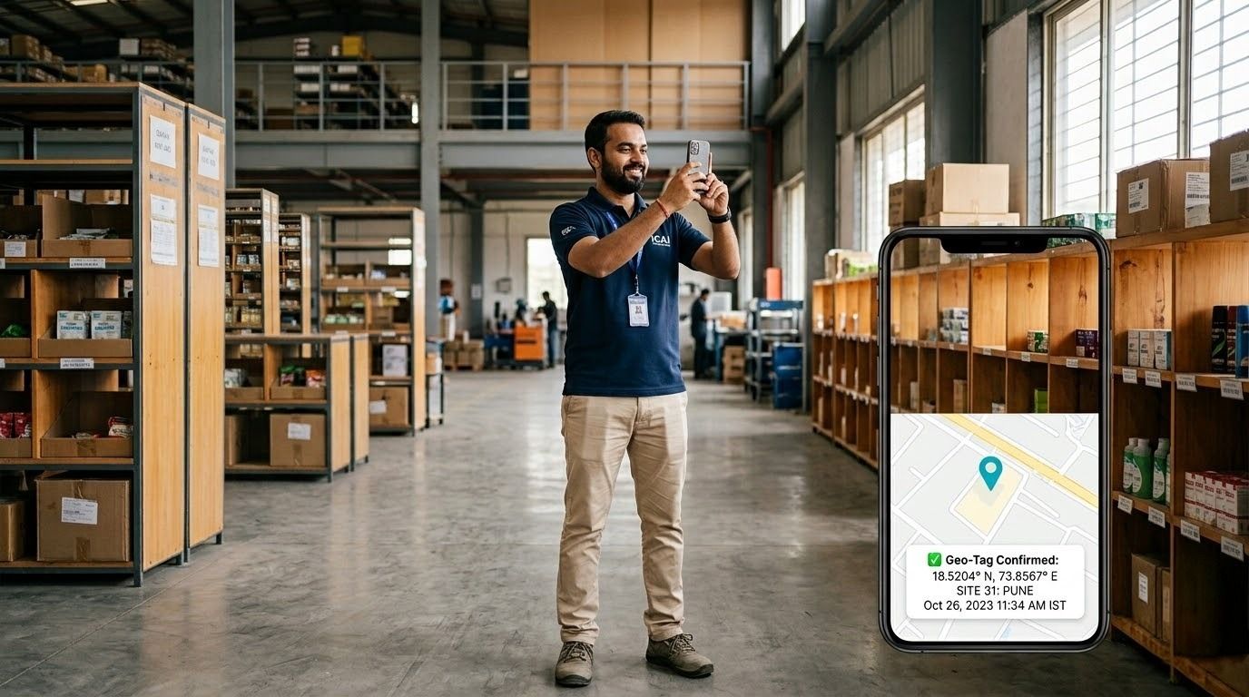 Field auditor using a mobile device to verify GPS location during an on-site warehouse audit.