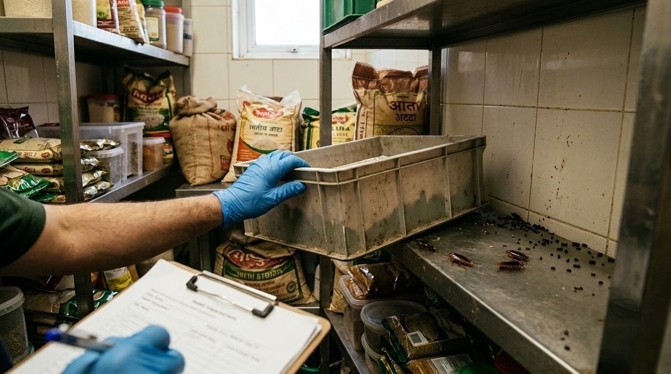 Food safety inspector discovering cockroaches and pest droppings in an Indian commercial kitchen storage area during a hygiene inspection.