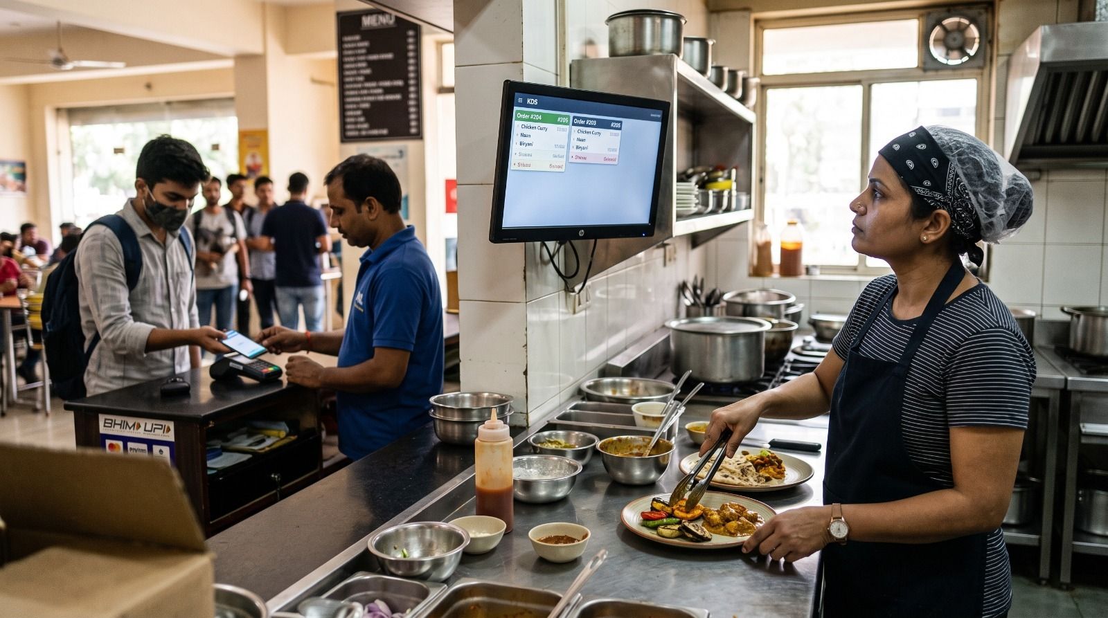 Hospital canteen staff using Kitchen Display System (KDS) and cafeteria management software to prepare digital food orders with real-time kitchen workflow tracking..jpeg