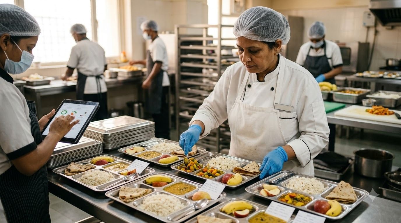 Hospital kitchen staff preparing patient meals while monitoring orders digitally.