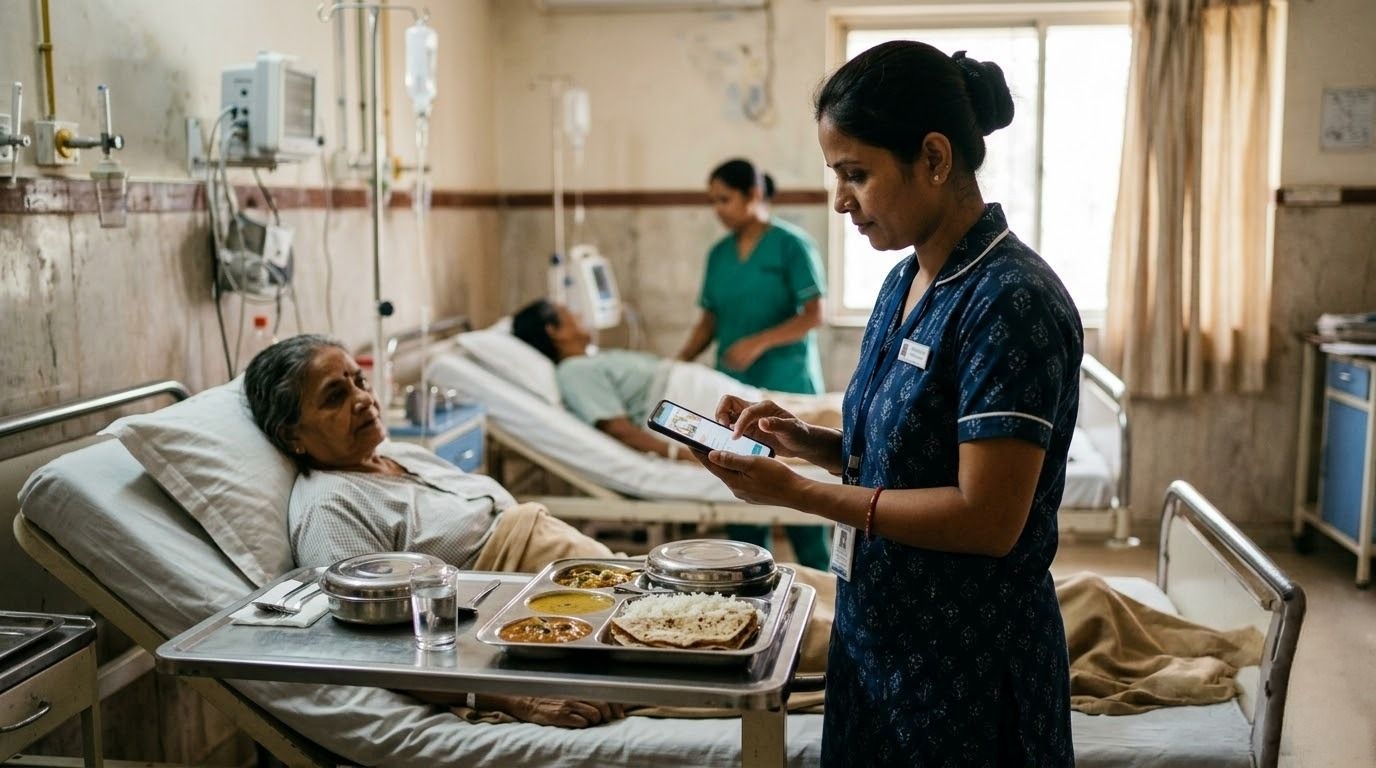 Hospital staff member managing patient meal orders digitally.