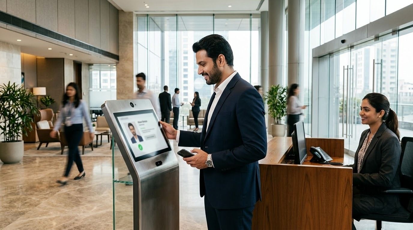 Indian business visitor using a self-service digital kiosk for automated office check-in. Illustrates how visitor management software can reduce manual registration and improve front-desk efficiency.