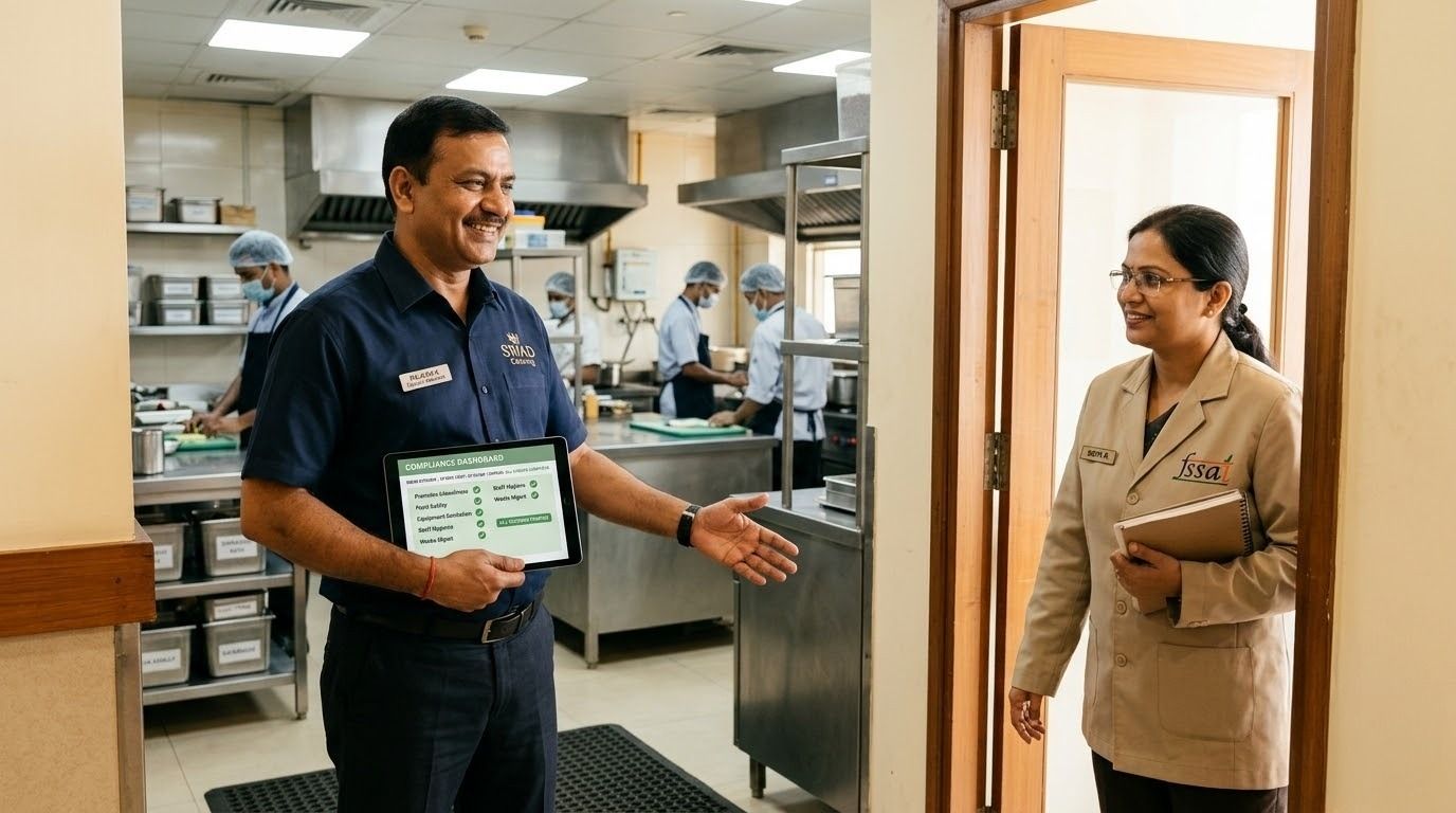 Indian canteen manager presenting a digital compliance dashboard to a food safety inspector during a kitchen inspection..jpeg