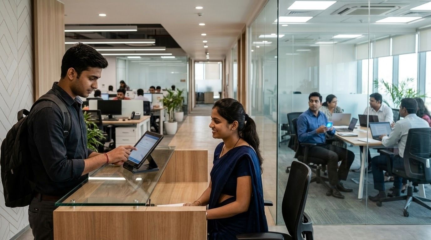 Indian corporate office reception showing a visitor completing digital registration on a tablet. Illustrates a streamlined visitor management software check-in process for modern workplaces.