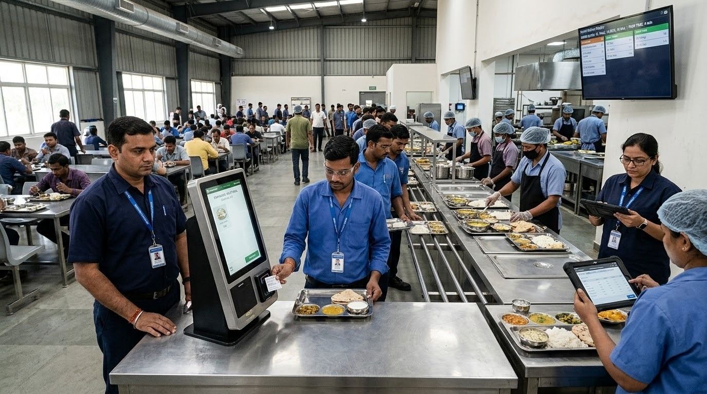 Indian factory canteen using digital meal management, with employees ordering through a self-service kiosk and staff monitoring operations on tablets and a dashboard..jpeg
