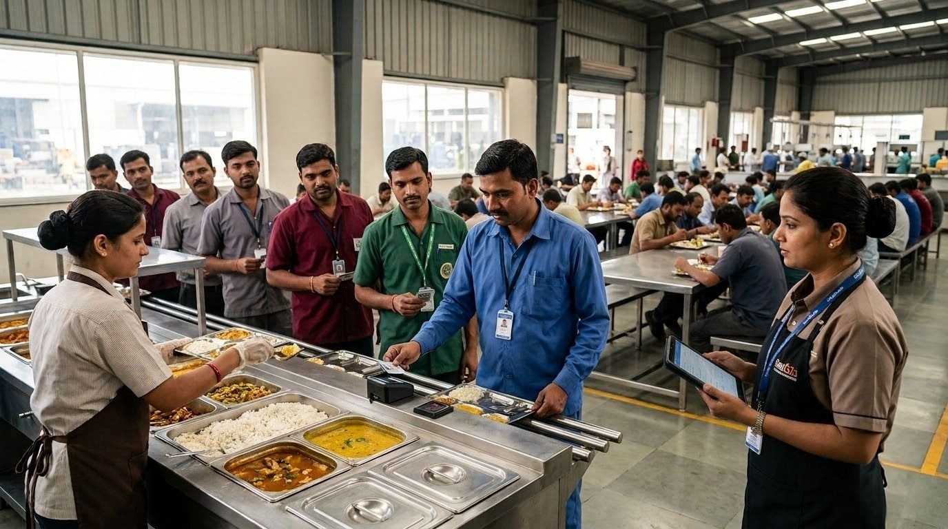 Indian factory canteen with employees and catering staff using digital ordering and meal management systems during a busy shift..jpeg