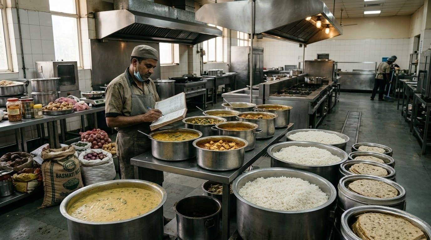 Indian factory kitchen worker manually recording food production and inventory using a paper register, surrounded by large containers of prepared meals and ingredients..jpeg