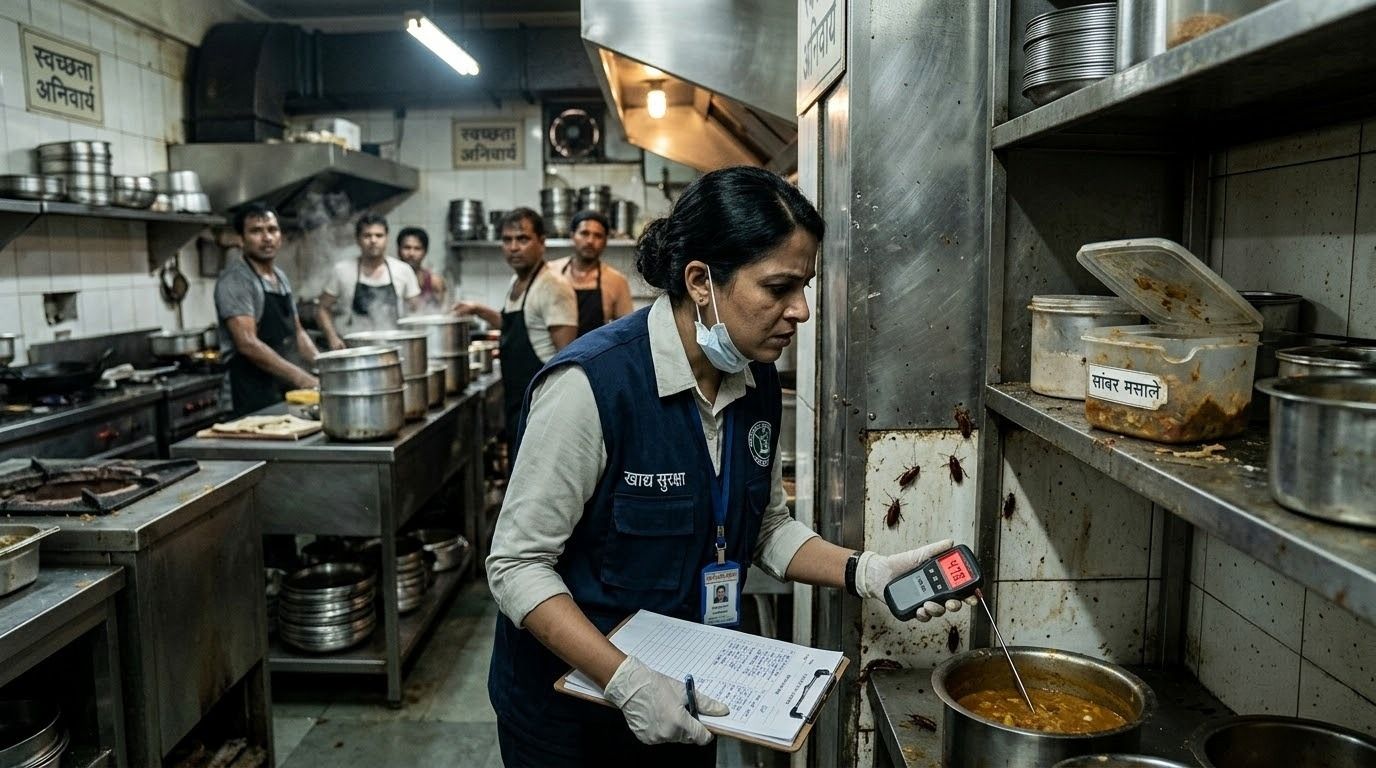 Indian food safety inspector conducting a hygiene audit in a commercial kitchen while checking food temperature and visible pest infestation.
