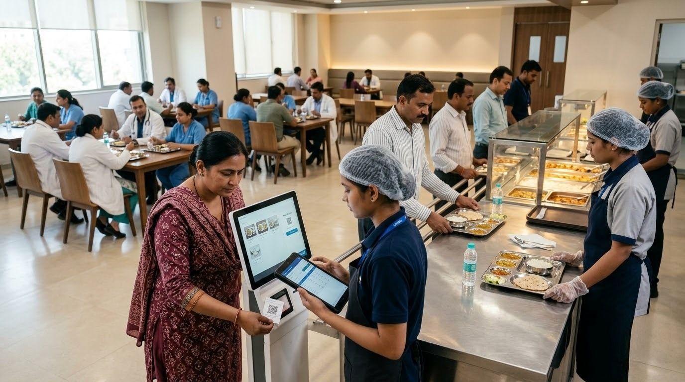 Indian hospital cafeteria using digital ordering and QR-based meal management.