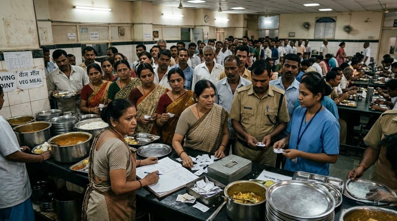 Indian hospital canteen crowded with employees and staff during meal service.