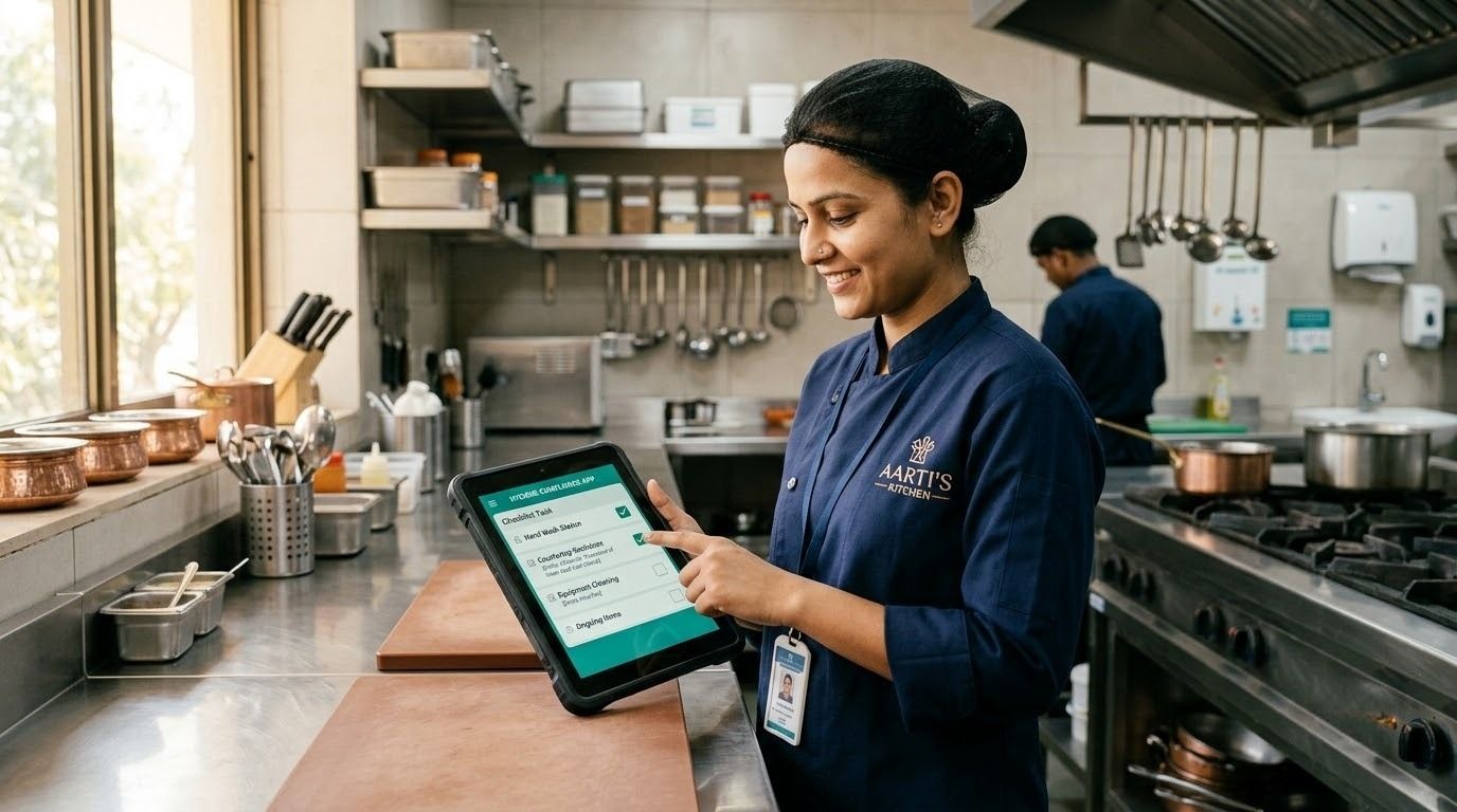 Indian kitchen employee using a tablet to complete digital cleaning and hygiene tasks as part of a food safety audit..jpeg