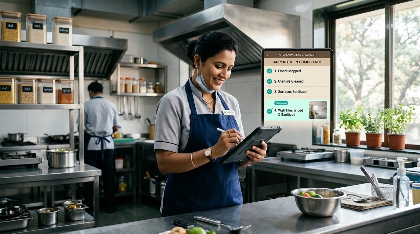 Indian kitchen staff member completing a digital hygiene checklist on a tablet for daily food safety compliance..jpeg