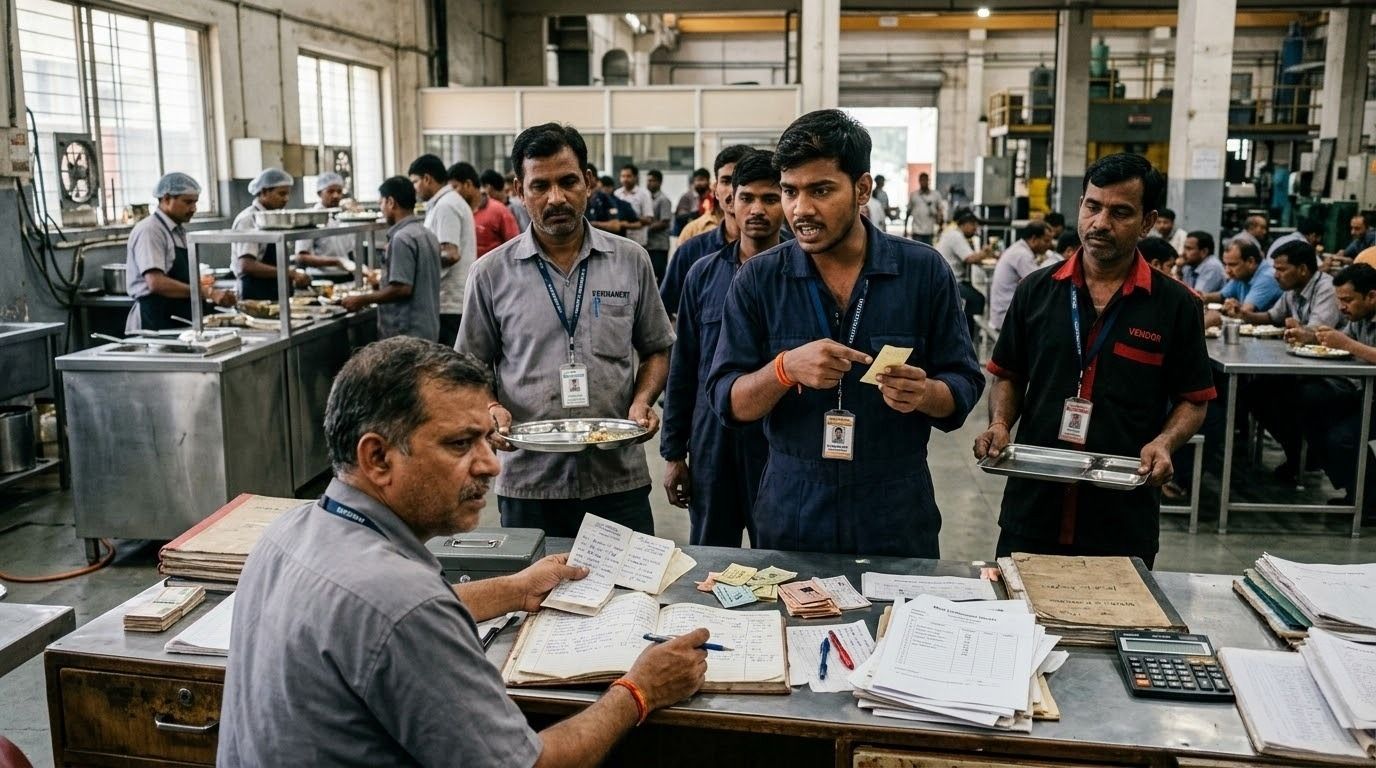 Indian manufacturing plant kitchen with a staff member monitoring prepared meals and food inventory using a manual checklist..jpeg