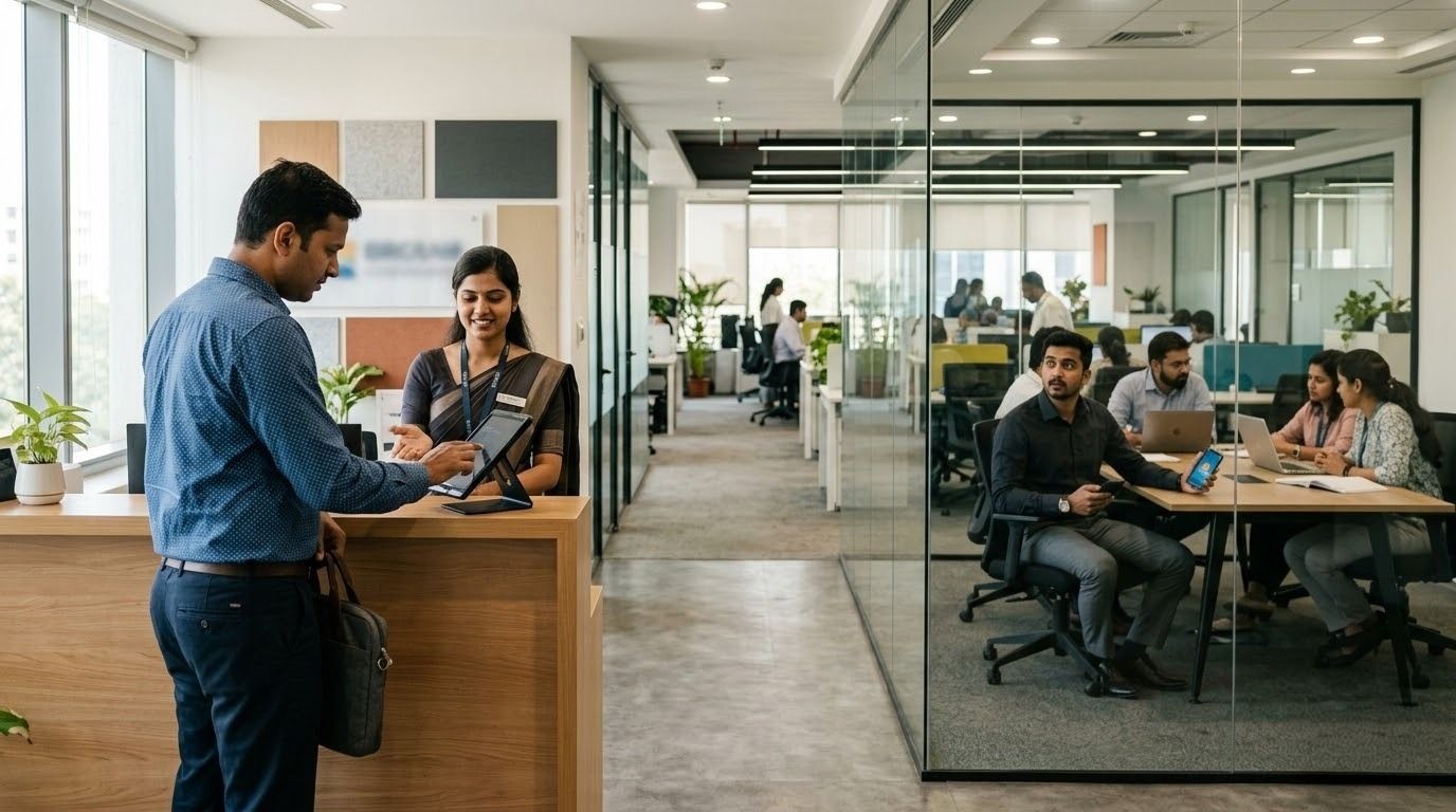 Indian office reception with a visitor checking in digitally using a tablet-based visitor management system. Shows a modern, hardware-light visitor check-in experience with reception staff.