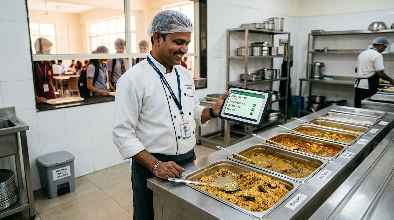 Kitchen manager checking inventory and food stock levels on a tablet using FoodiiSoft inventory management software in a commercial kitchen..jpeg