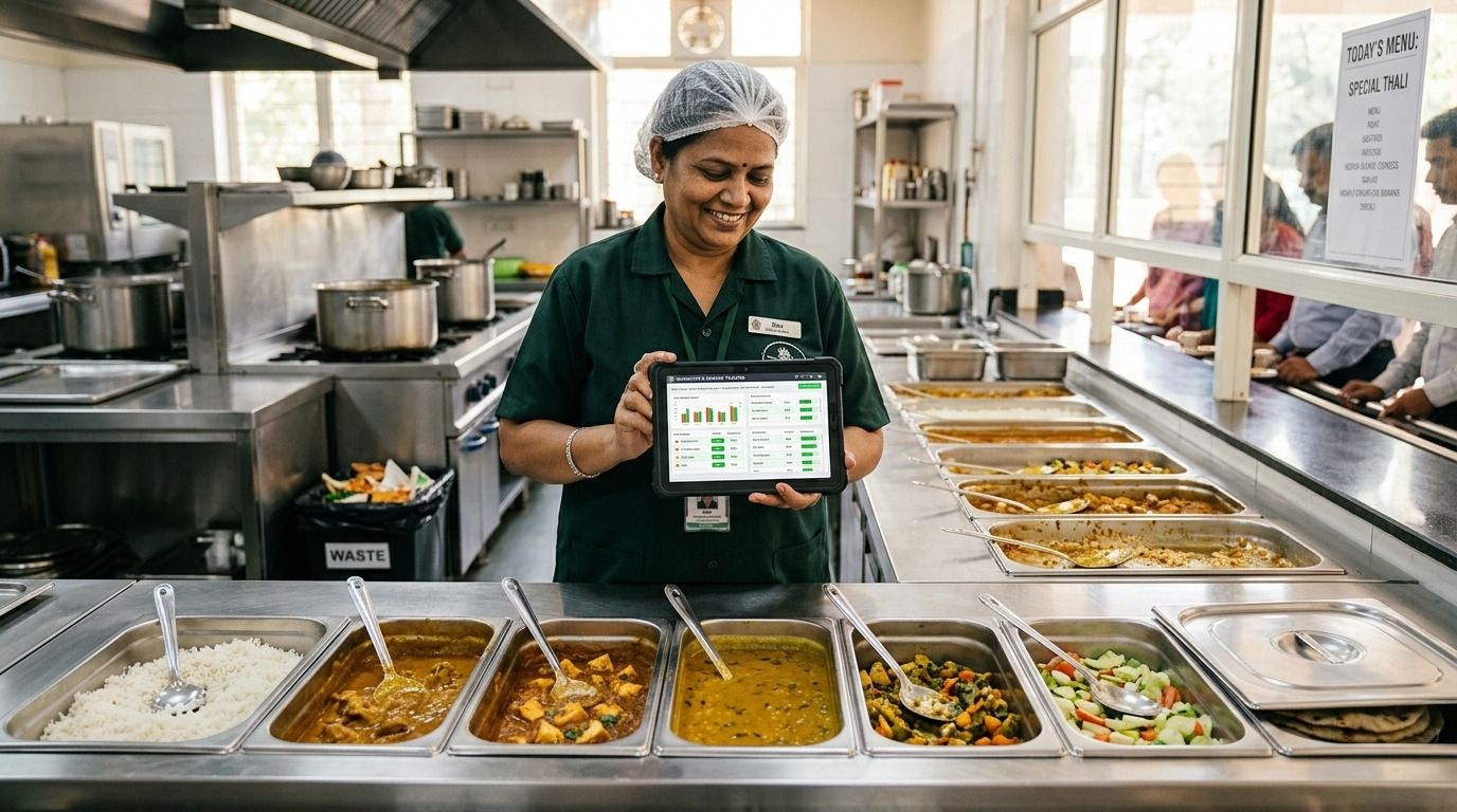 Kitchen staff managing food inventory using a tablet with FoodiiSoft canteen management software in a commercial kitchen for real-time inventory tracking..jpeg