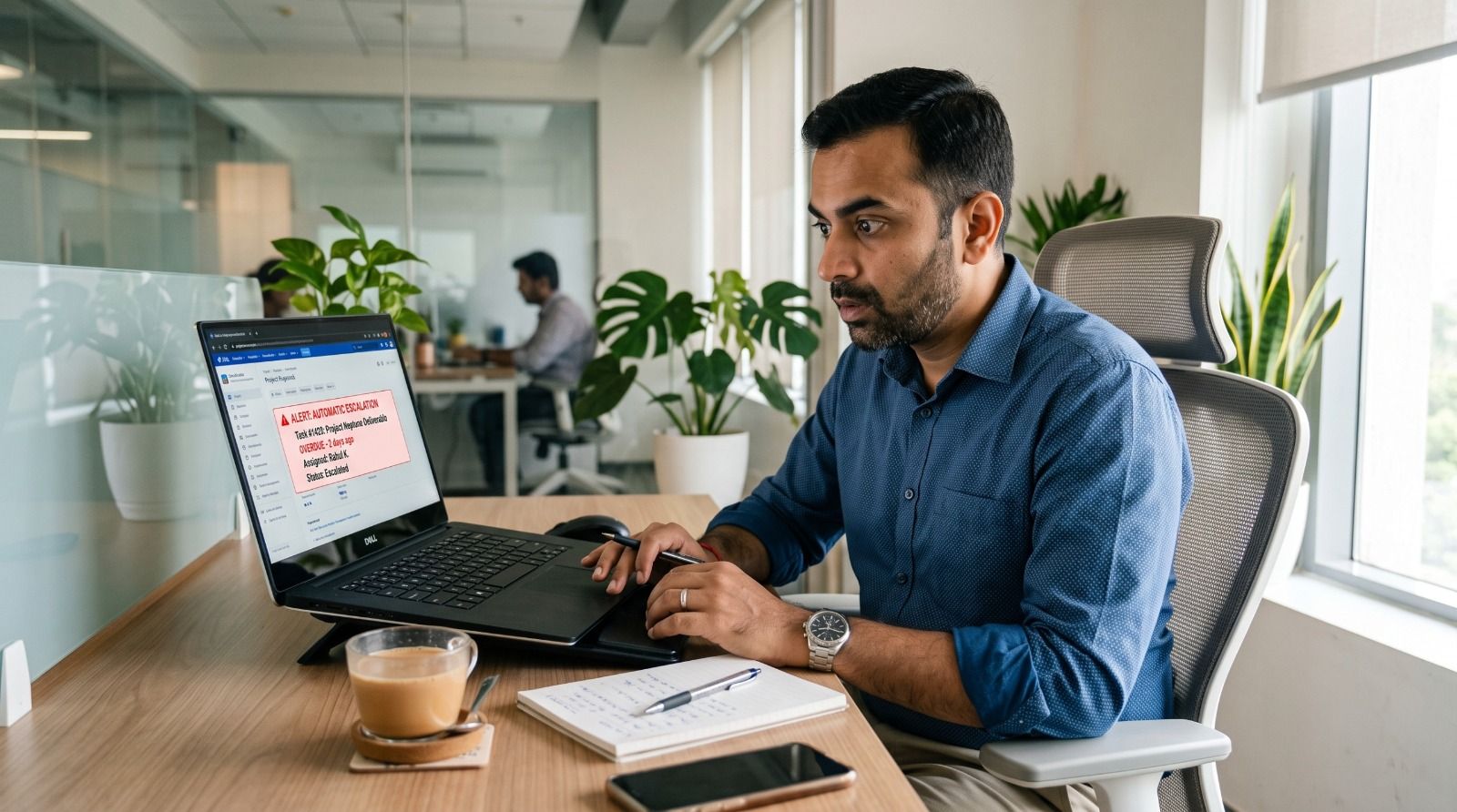 Manager receiving automatic overdue task alerts in CAPA tracking software to monitor corrective actions, audit findings, and compliance deadlines from a centralized dashboard.